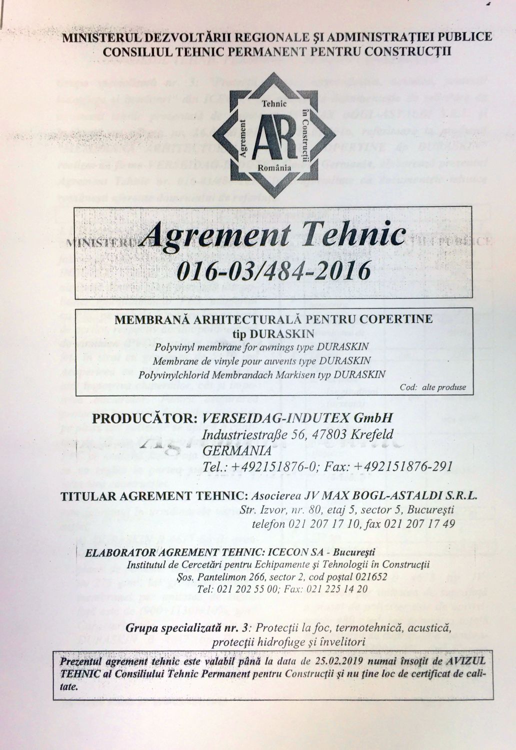 Document 2 - Agrementul tehnic eliberat la cererea IGSU de către Max Bogl, gata și el, deși inspectorul șef nu știa acest lucru