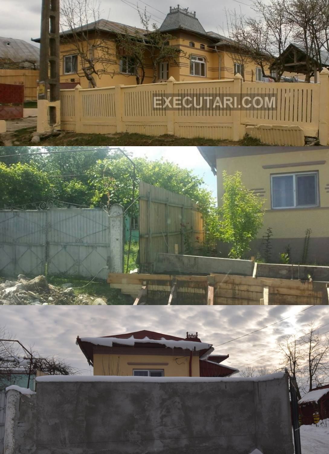  Așa a evoluat zidul din fața casei lui Smărăndoiu, ridicat cu angajați și pacienți: a fost demolat cel prezent în primăvara lui 2016 (1), a urmat ridicarea celui nou (2), finalizat iarna (3)