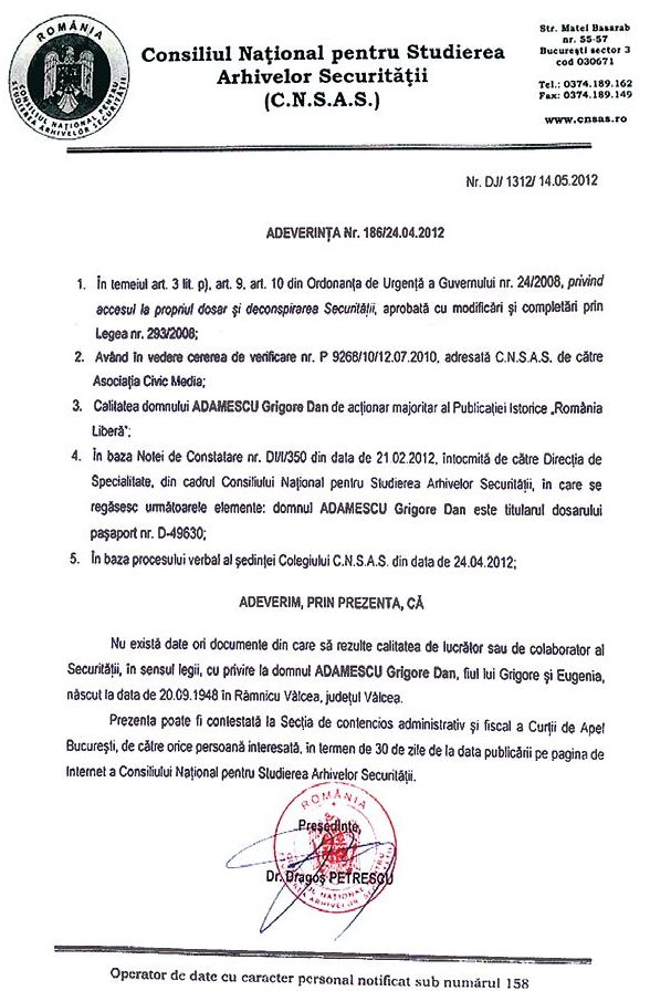 Adeverința CNSAS atestă că nu există dovezi de colaborare cu Securitatea pentru Adamescu sr.