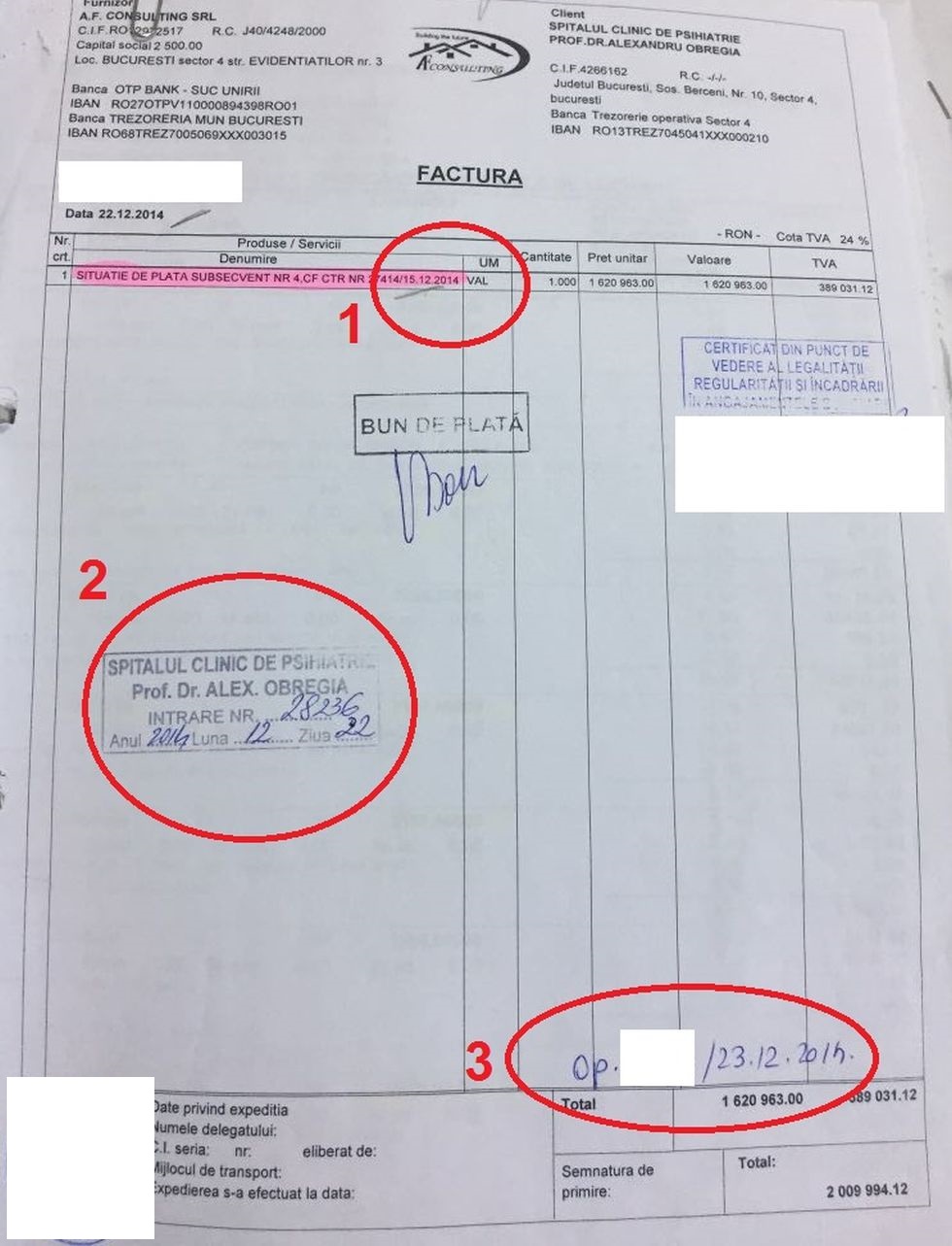  Factura cu AF Consulting SRL din iarna lui 2014. Contractul e încheiat pe 15 decembrie (1), lucrările se realizează până pe 19, facturarea are loc pe 22 decembrie (2), iar plata se face pe 23 decembrie (3)