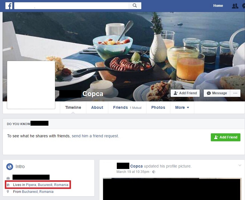 Pagina de Facebook a fiului lui Copcă, pe care acesta scrie că locuiește în Pipera. Am blurat numele și fotografia tânărului, acesta fiind minor