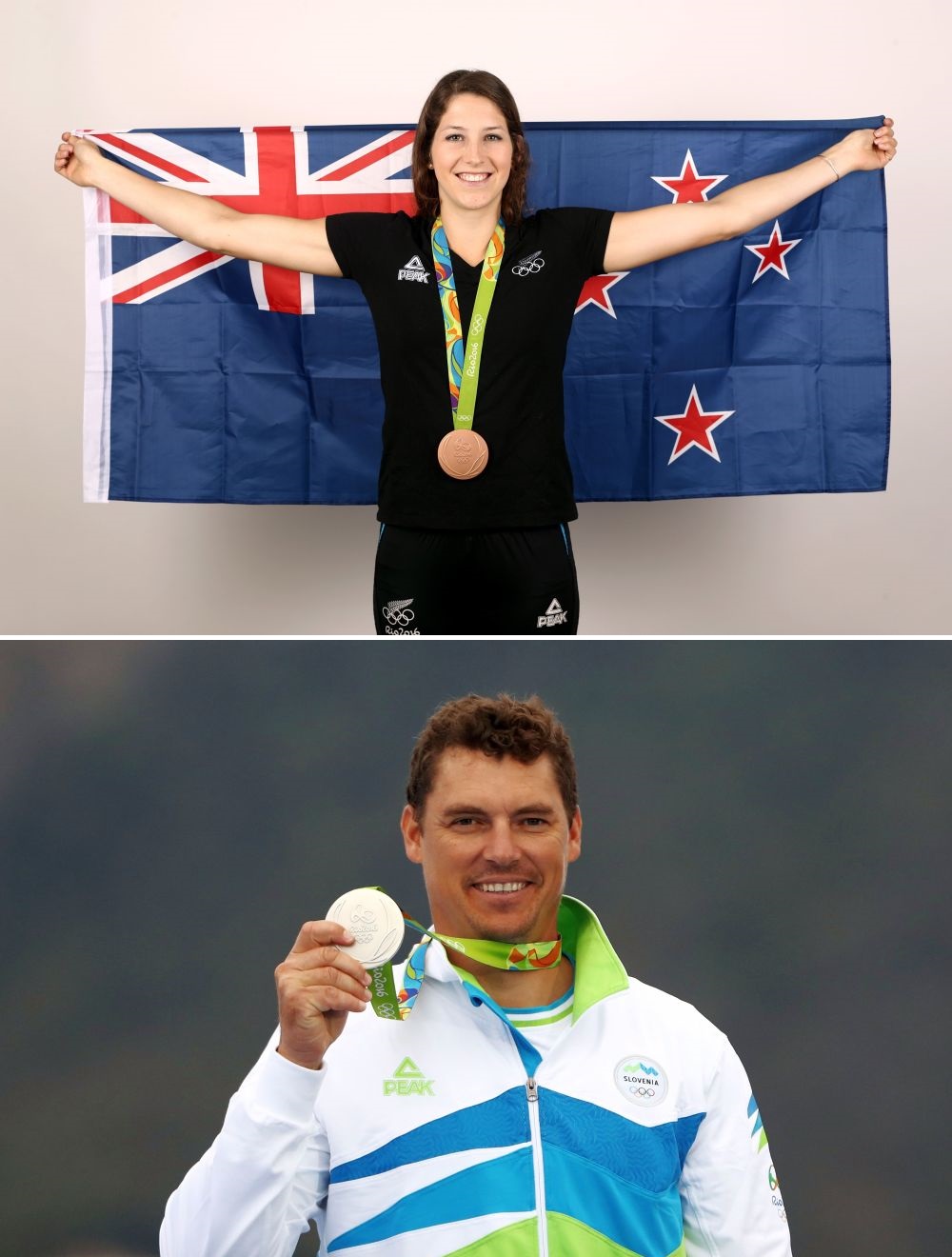 Slovenul Vasilij Zbogar (argint la yahting) și neozeelandeza Eliza McCartney (bronz la prăjină) în echipament Peak la Rio 2016