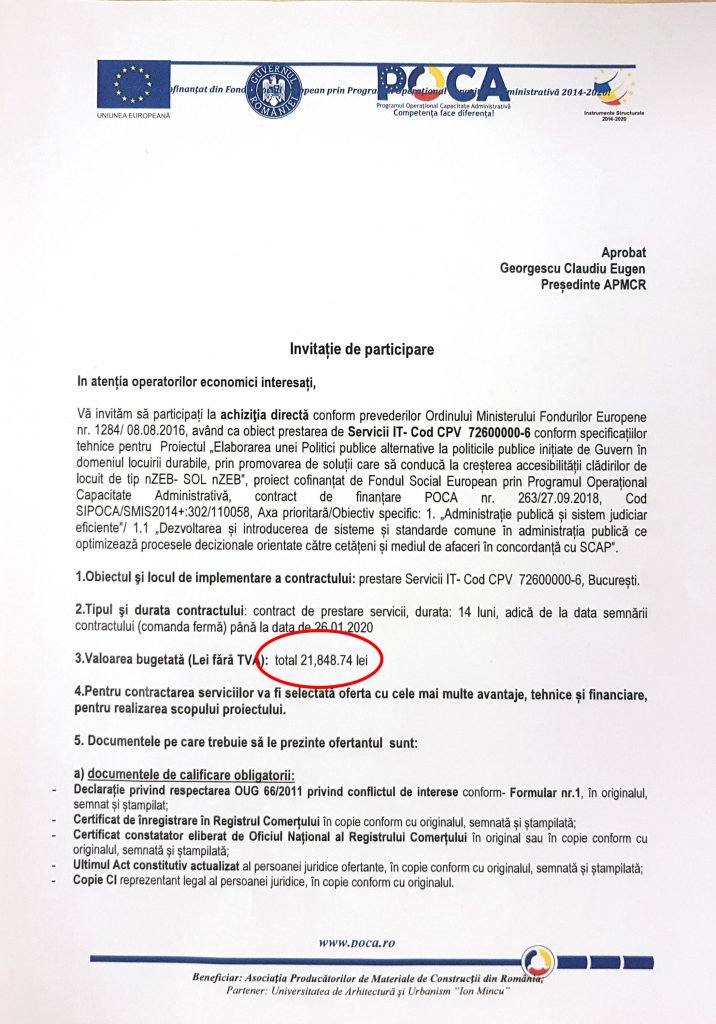 În documentul prin care Asociația Producătorilor de Materiale de Construcții lansează achiziția apare suma de 21.848,74 lei, din care Claudiu Georgescu spera să i se „întoarcă” în jur de 9.000 de lei 