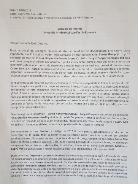 Scrisoarea de intenție trimisă de chinezi către Cupru Min, la câteva zile după întoarcerea în țară a celor doi directori români, Coșarcă și Chindriș 