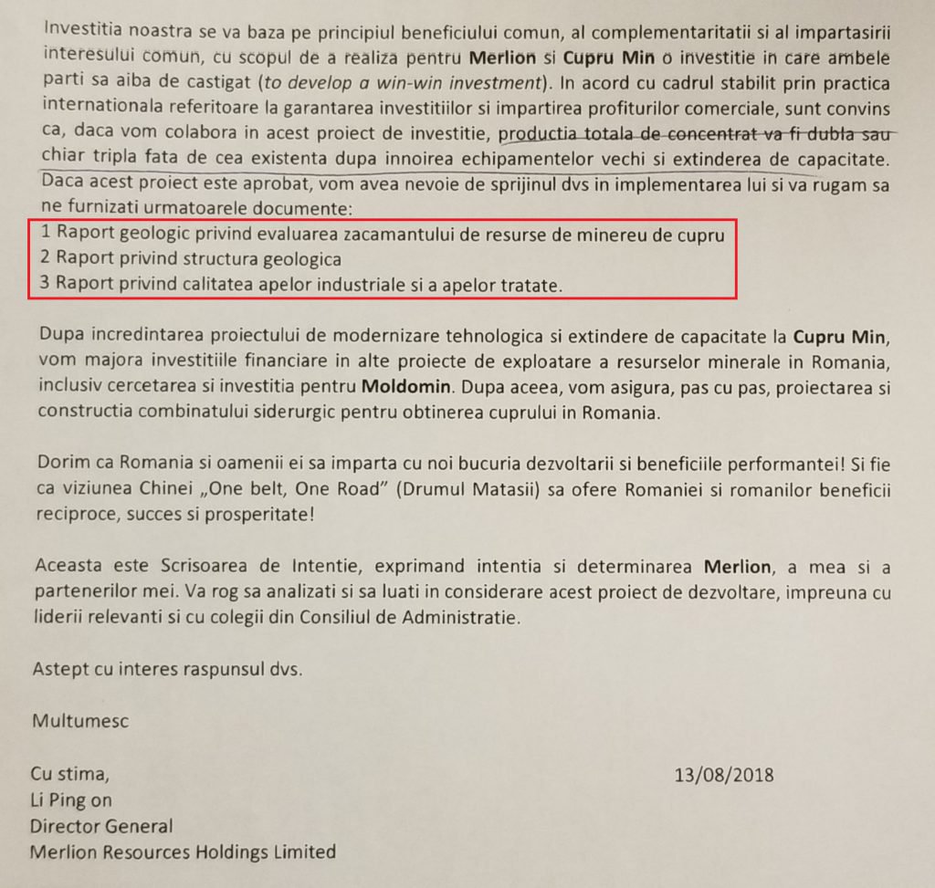 În pagina a doua a scrisorii de la Merlion, chinezii cer rapoartele geologice de care au nevoie, în cazul aprobării proiectului