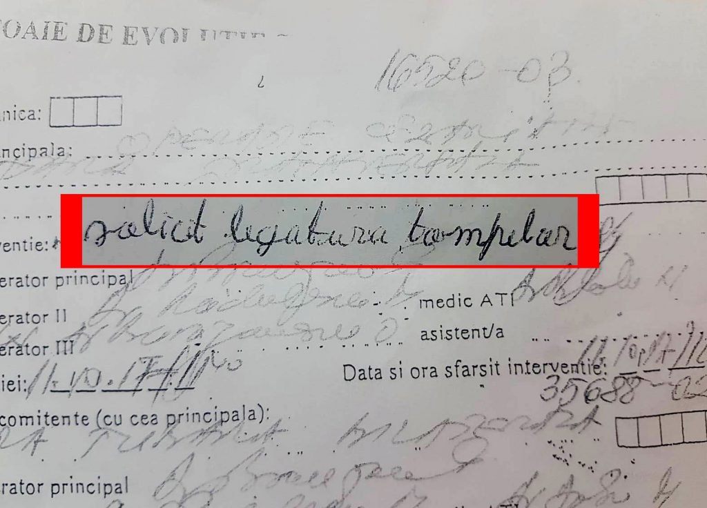 Foaia de evoluție a pacientei, în care Florentina Pătru a scris: ”solicit legatura tompelor” | Foto: Libertatea