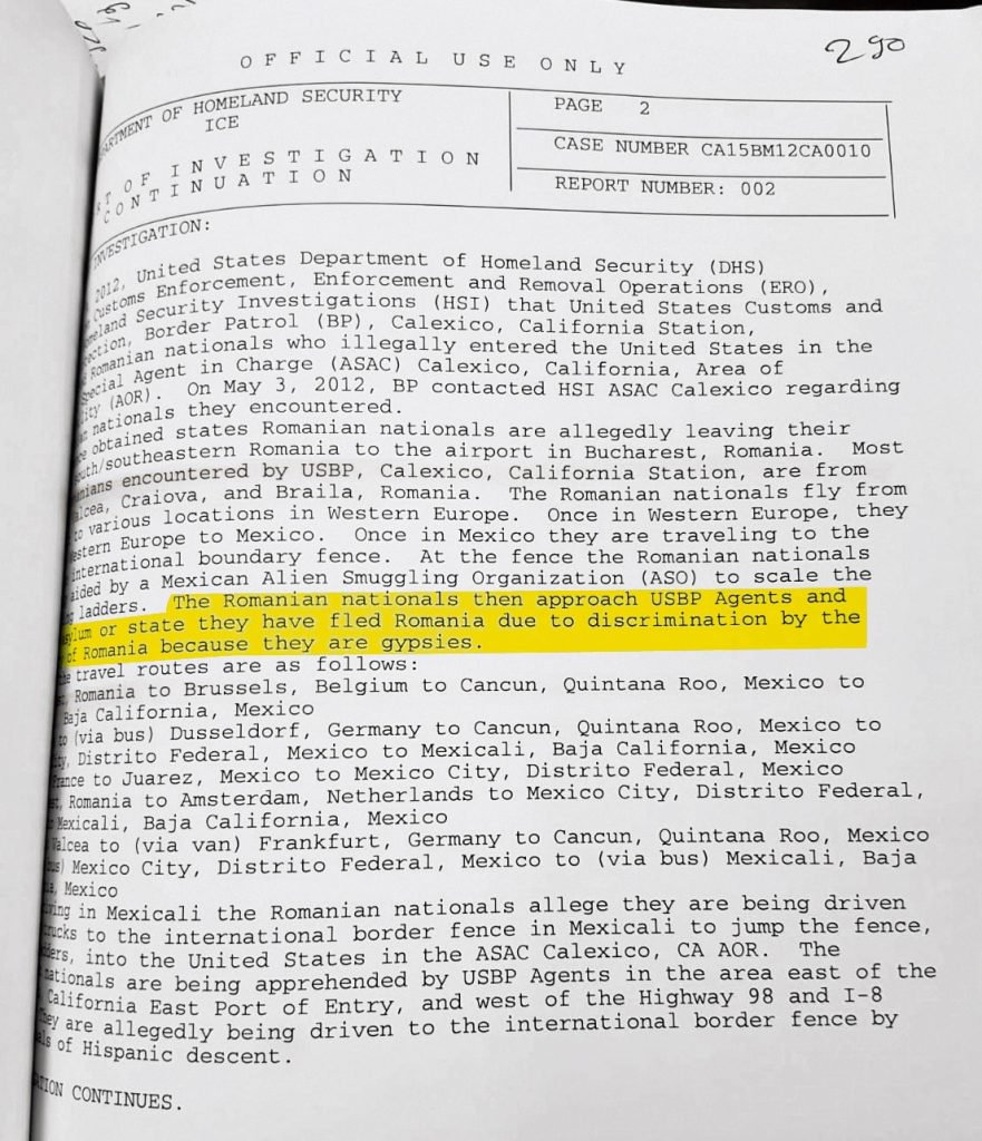 A document in which the US Department of Homeland Security describes how Romanian citizens who end up seeking political asylum in the USA are trafficked