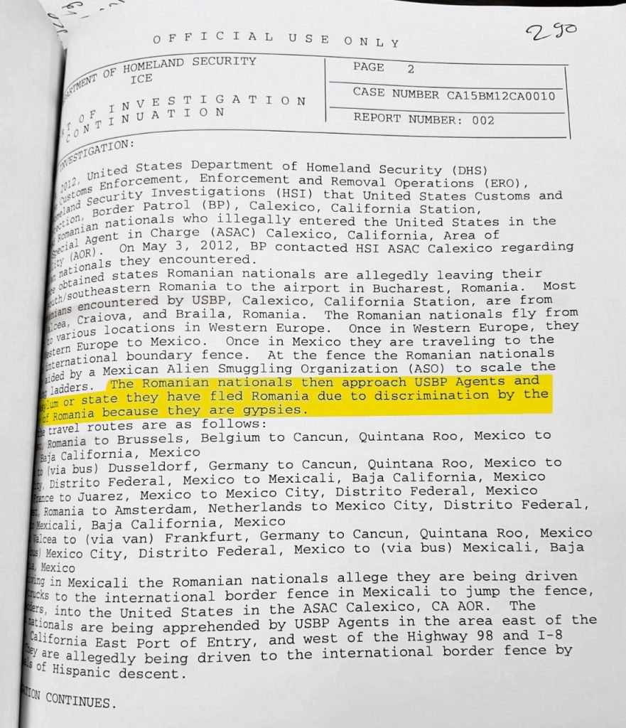 Document prin care US Department of Homeland Security, echivalentul Ministerului de Interne din România, descrie felul în care sunt traficați cetățenii românii, care ajung să ceară azil politic în SUA