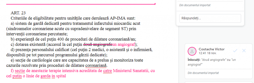 Captură din documentul Google în care ministrul Costache a înlocuit „două angiografe” cu „un angiograf”