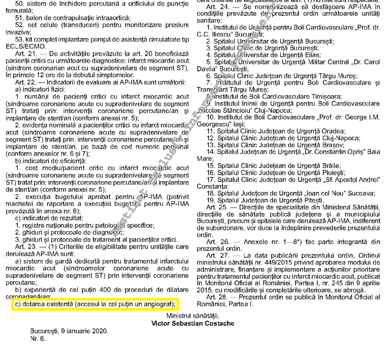 În Ordinul 6. publicat în 10 ianuarie 2020 în Monitorul Oficial, apare modificarea făcută de ministru privind dotarea minimă cu un angiograf