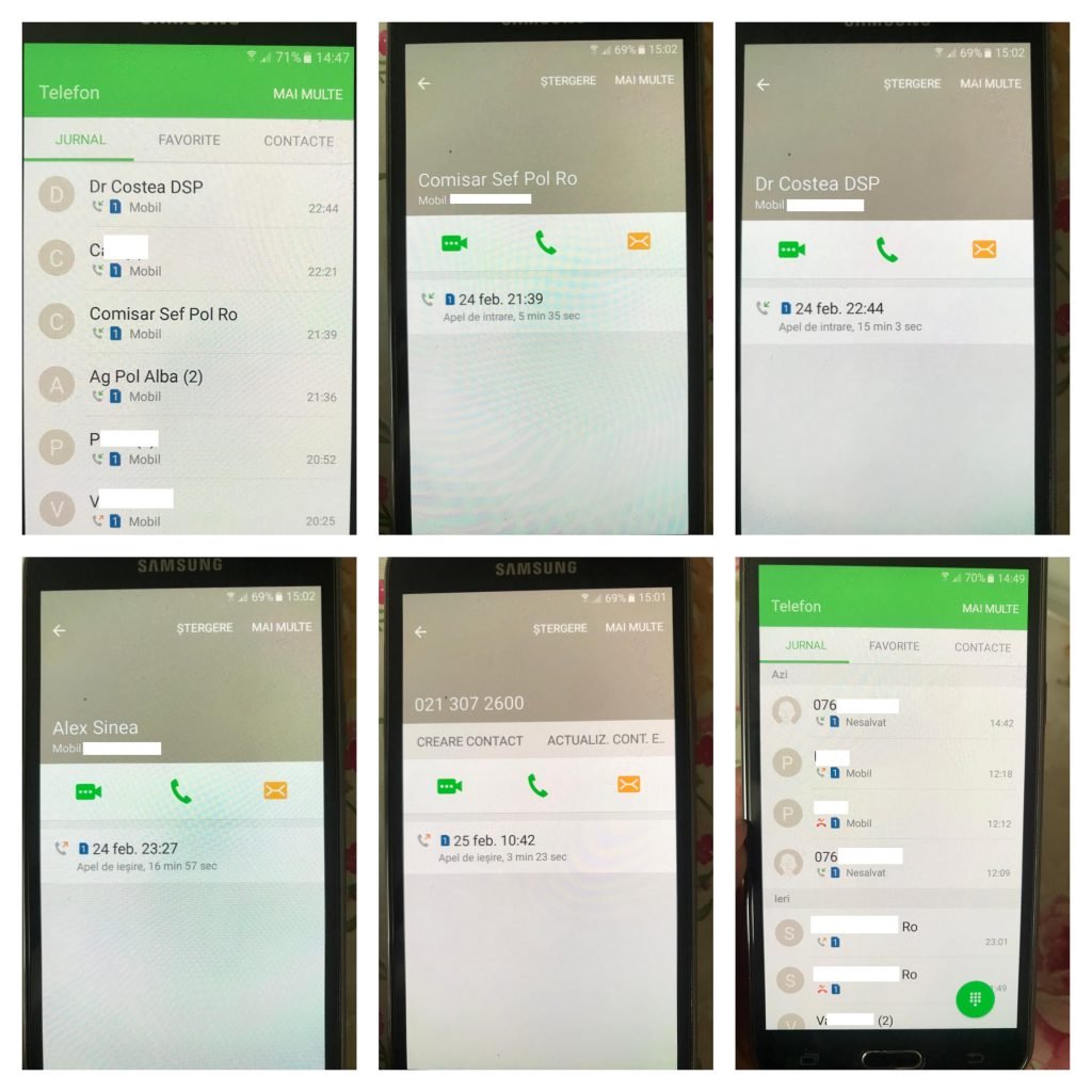 Colaj cu apelurile primite de albaiuliancă: seara zilei de luni, când a fost sunată de doi agenți de Poliție, de DSP și l-a sunat pe directorul DSP, ziua de 25, când a sunat la Ministerul Sănătății din proprie inițiativă, și apelurile de azi, când a sunat-o reporterul Libertatea de două ori (numărul 076X) și un apropiat (P)