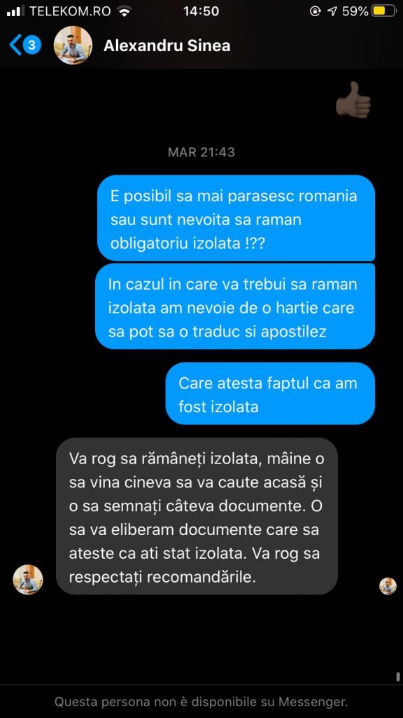 Ultimele mesaje din convorbirea dintre albaiuliancă și șeful DSP Alba, după care apare, în italiană, mesajul “această persoană nu mai este disponibilă pe Messenger”, valabil la persoanele care și-au blocat interlocutorul ori la cei care și-au dezactivat Facebookul. Pagina de Facebook e activă, deci opțiunea viabilă în cazul de față este că președintele a blocat femeia izolată