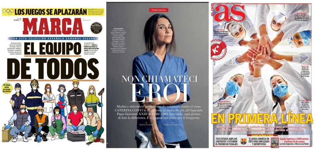 Coperțile din ziarul spaniol Marca, revista Elle Italia și ziarul AS, dedicate celor care luptă cu COVID-19