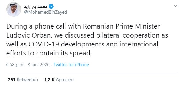 Postarea pe Twitter a lui Mohamed Bin Zayed. MBZ este șeful armatei și serviciilor secrete din Emiratele Arabe Unite, cea mai occidentalizată dintre țările din Golful Persic