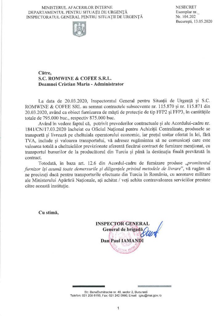 Șeful IGSU a trimis abia pe 15 mai, când controalele erau deja pornite, o scrisoare prin care se interesează cine a plătit cele 8 transporturi făcute de Armată