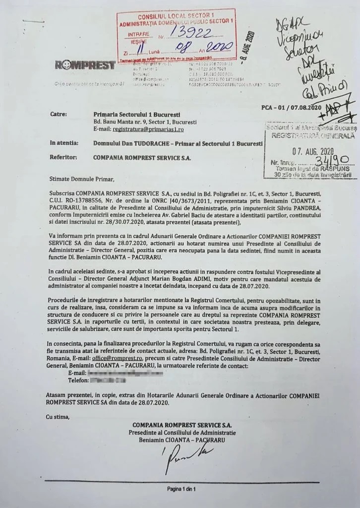 Adresa către Primăria Sector 1 prin care Beniamin Cioantă – Păcuraru semnează în numele Romprest, spunând că el a devenit reprezentant legal. ”Relațiile dintre primarul PSD Tudorache și Maricel Păcuraru sunt foarte bune, astfel încât primăria nici n-a verificat că această schimbare n-a avut, de fapt, loc”, susțin oameni din Romprest.