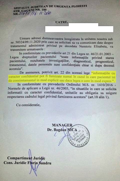 Documentul prin care managerul dr. Bogdan Nica a refuzat să dea familiei Nemțoiu dosarul medical al Elisabetei Nemțoiu Citeşte întreaga ştire: A cerut dosarul medical al mamei moarte de COVID, iar managerul spitalului i-a spus că-l poate elibera numai cu acordul decedatei