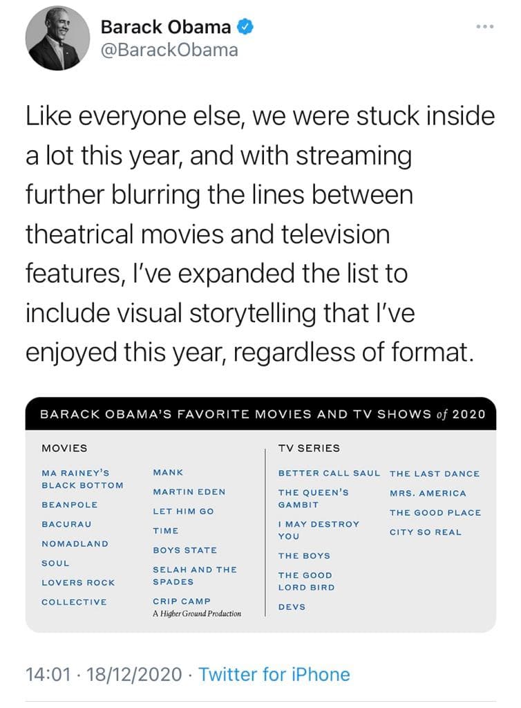 Lista de filme și seriale preferate ale fostului președinte american. În stânga jos, „Collective”, adică „Colectiv”, documentarul regizat de Nanau Citeşte întreaga ştire: Barack Obama a pus documentarul românesc Colectiv printre filmele sale preferate în 2020