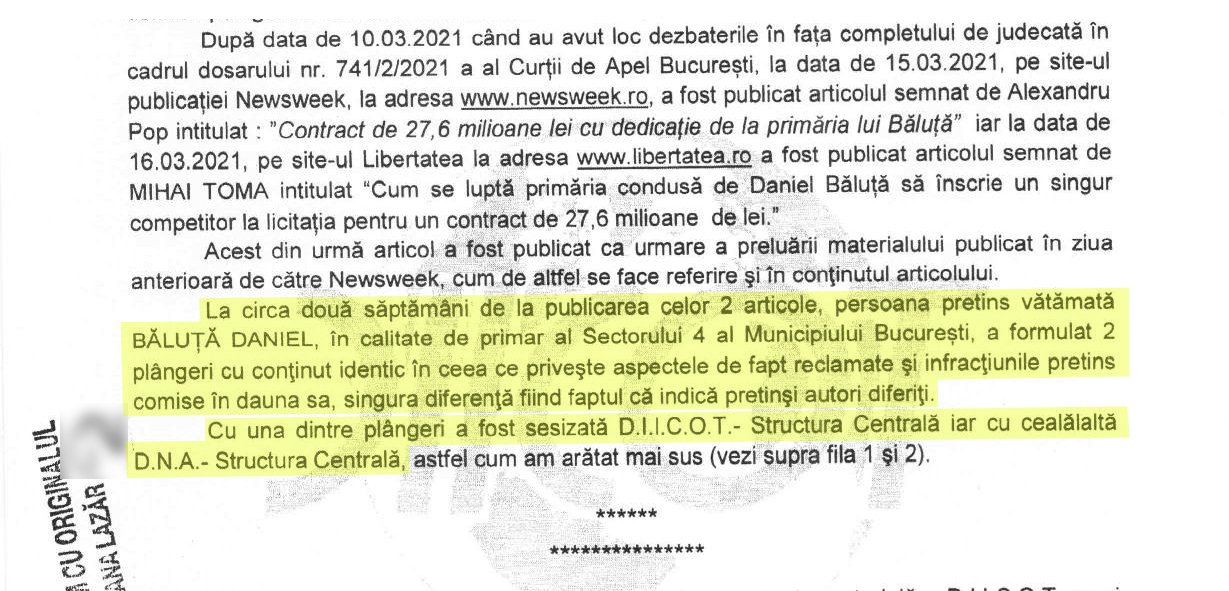 Daniel Băluță a trimis două plângeri cu conținut identic la DIICOT și la DNA, scrie în ordonanța de clasare a DIICOT