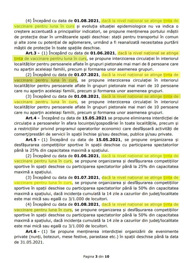 Extras din hotărârea CNSU în care se vorbește despre țintele de vaccinare fără ca acestea să fie însă traduse în cifre nici în acest document, nici în altele