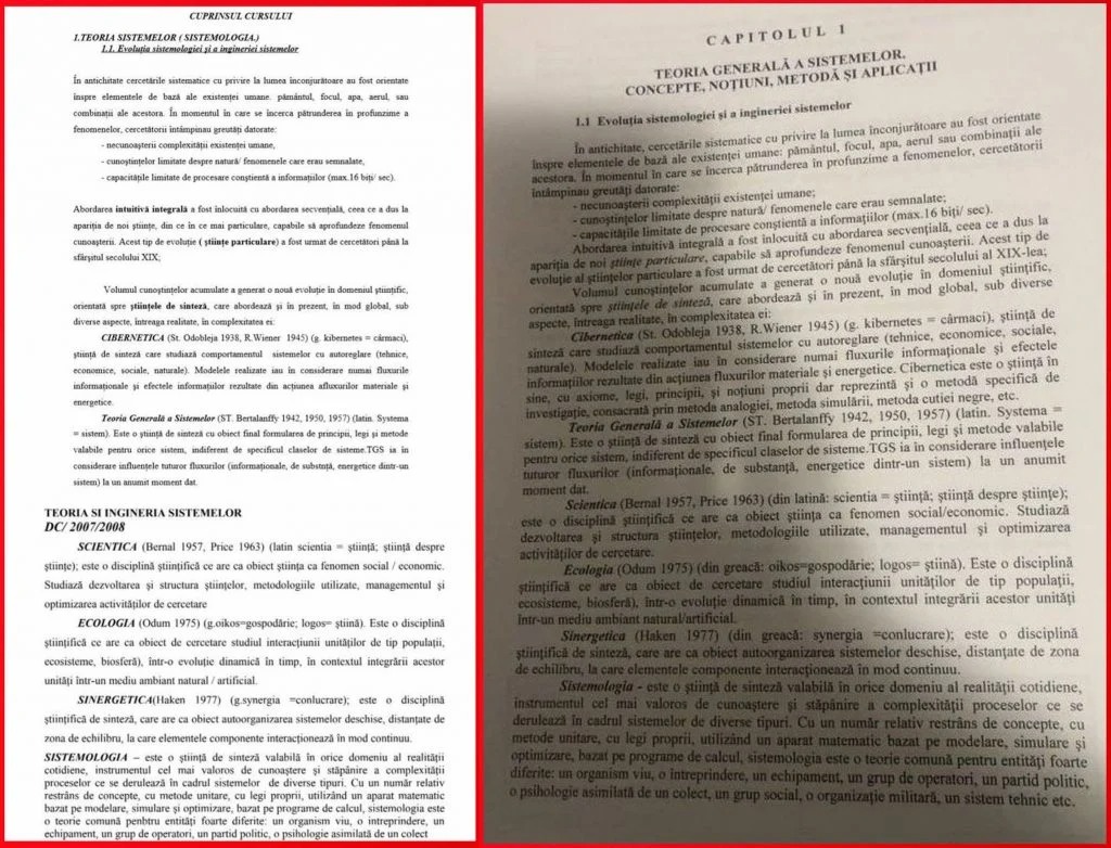 Așa arată o pagină din lucrarea profesorului timișorean Dumitrescu, din 2007-2008 (stânga) și o pagină din lucrarea de master a ministrului Roman din 2012 (dreapta). Seamănă cuvânt cu cuvânt.