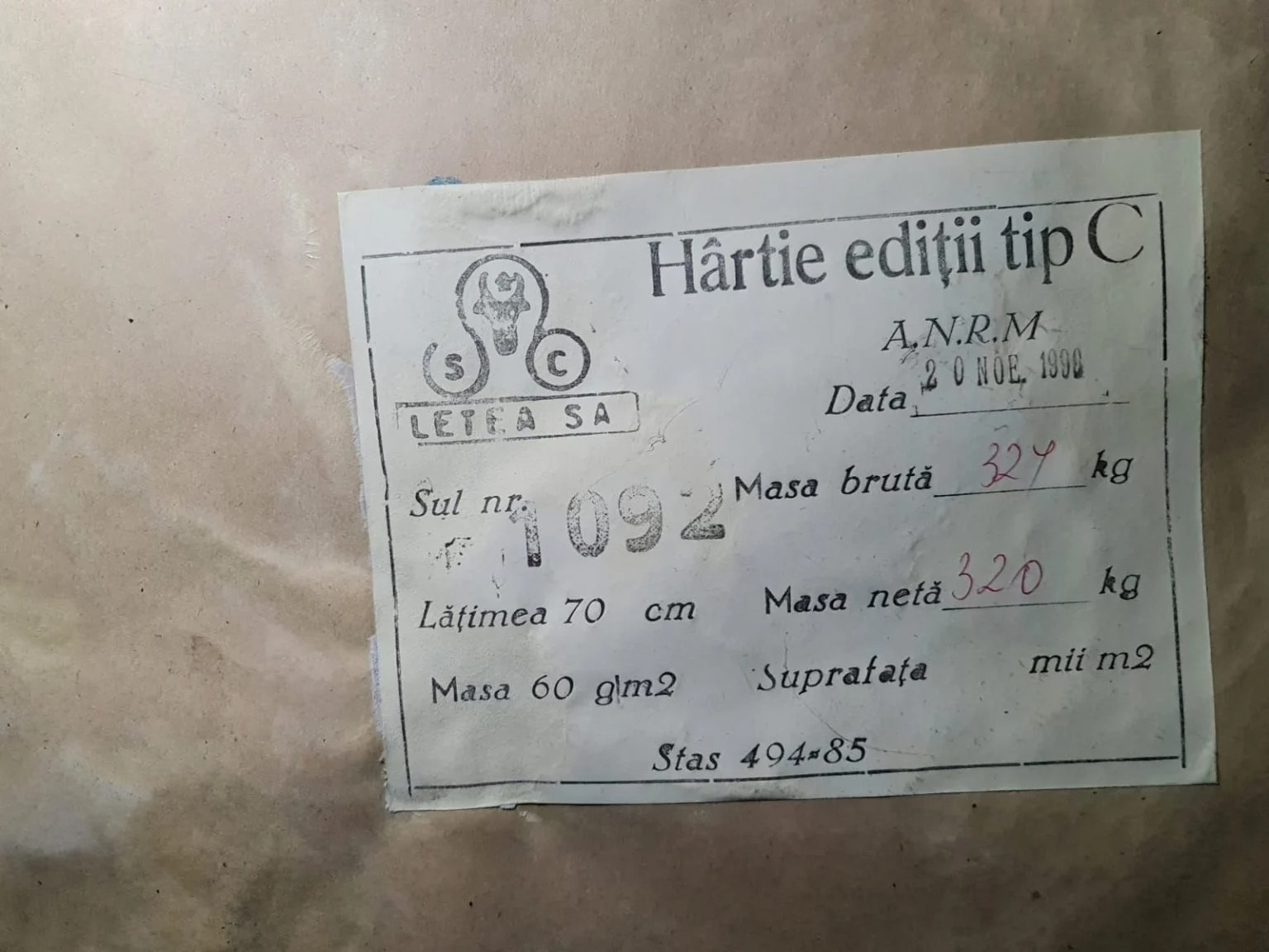 Hârtie produsă la Letea în noiembrie 1996