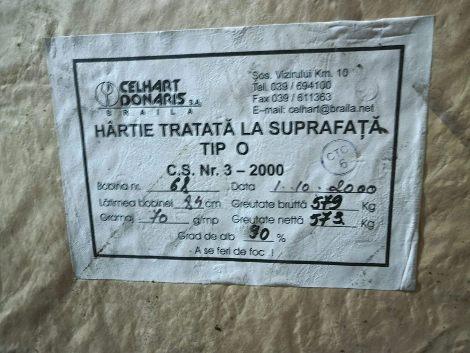Hârtie produsă la Celhart Brăila în octombrie 2000