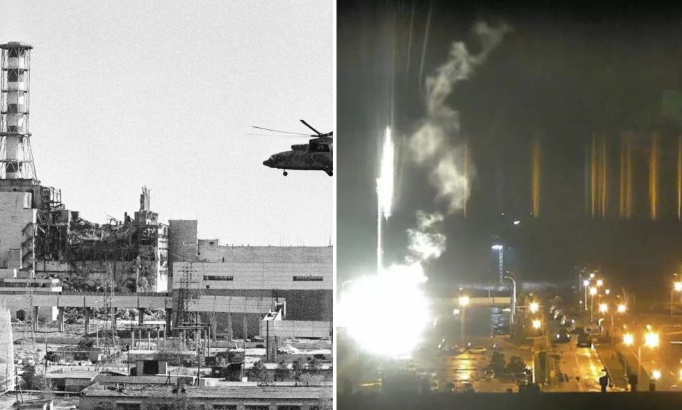Stânga: centrala nucleară de la Cernobîl, 1986. Dreapta: incendiul din apropiere de centrala nucleară de la Zaporojie, 2022