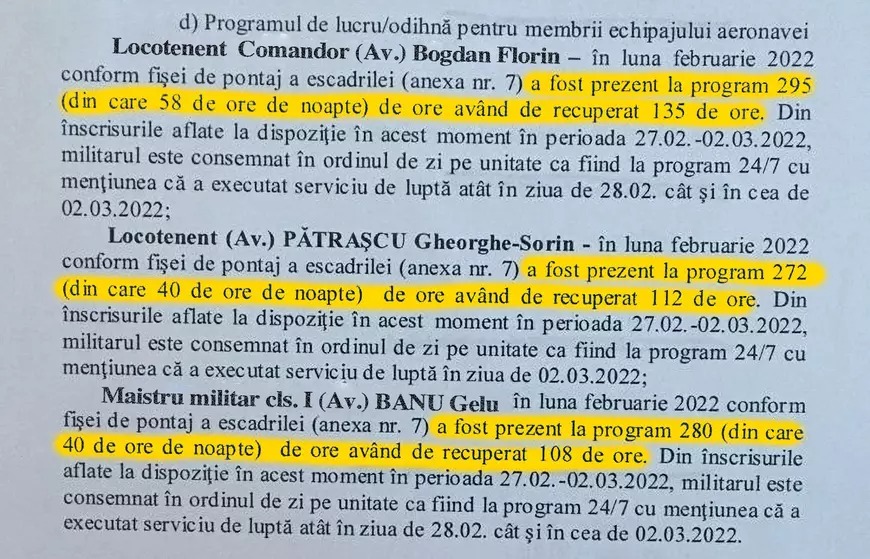 În raportul medical întocmit după acccident, medicul Lupu consemnează câte ore a lucrat fiecare dintre cei trei militari care formau echipajul elicopterului IAR 330 în luna februarie 2022, inclusiv câte ore aveau de recuperat.