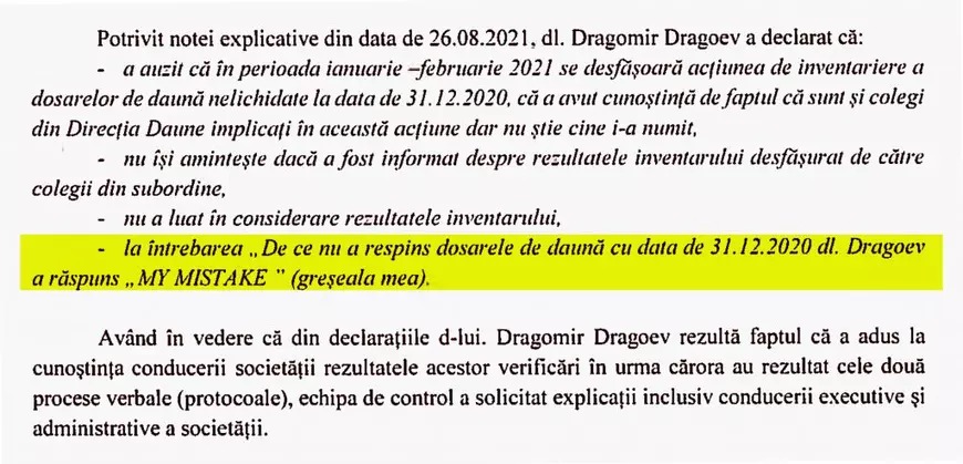 ”MY MISTAKE” a răspuns directorul de daune al Euroins, în documentul transmis de ASF Parchetului de pe lângă Înalta Curte de Casație și Justiție