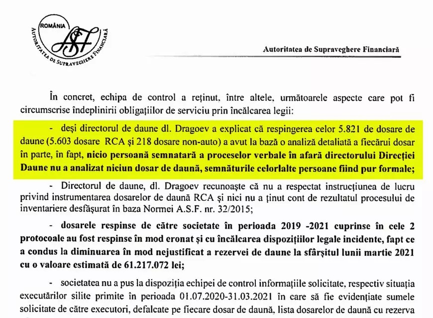 Extras din documentul transmis de ASF către Parchetul de pe lângă Înalta Curte de Casație și Justiție