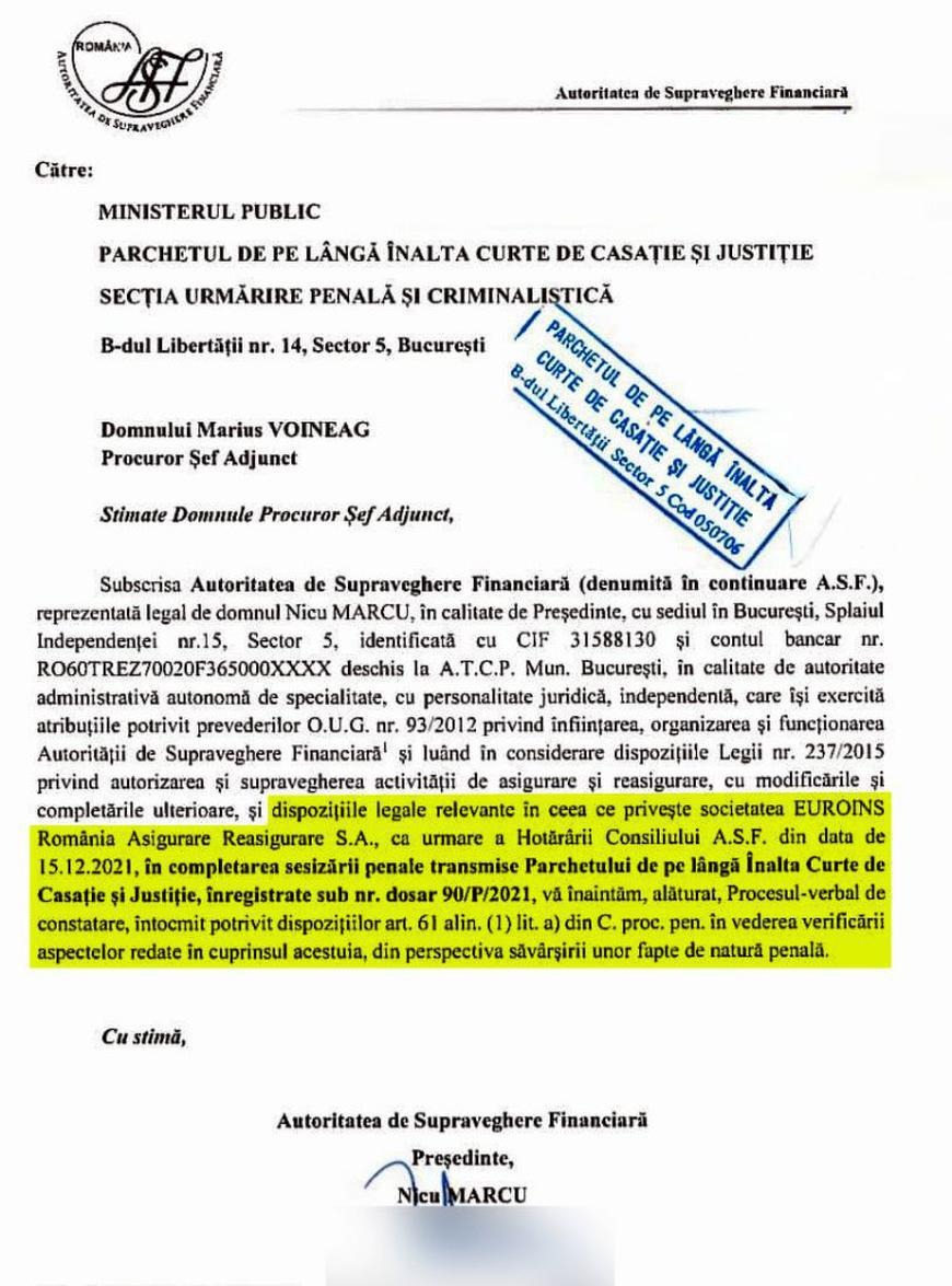 Adresa prin care ASF sesizează, a doua oară, Parchetul de pe lângă Înalta Curte de Casație și Justiție