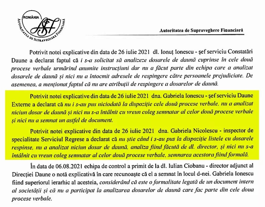 Declarațiile angajaților în documentul transmis de ASF Parchetului de pe lângă Înalta Curte de Casație și Justiție 